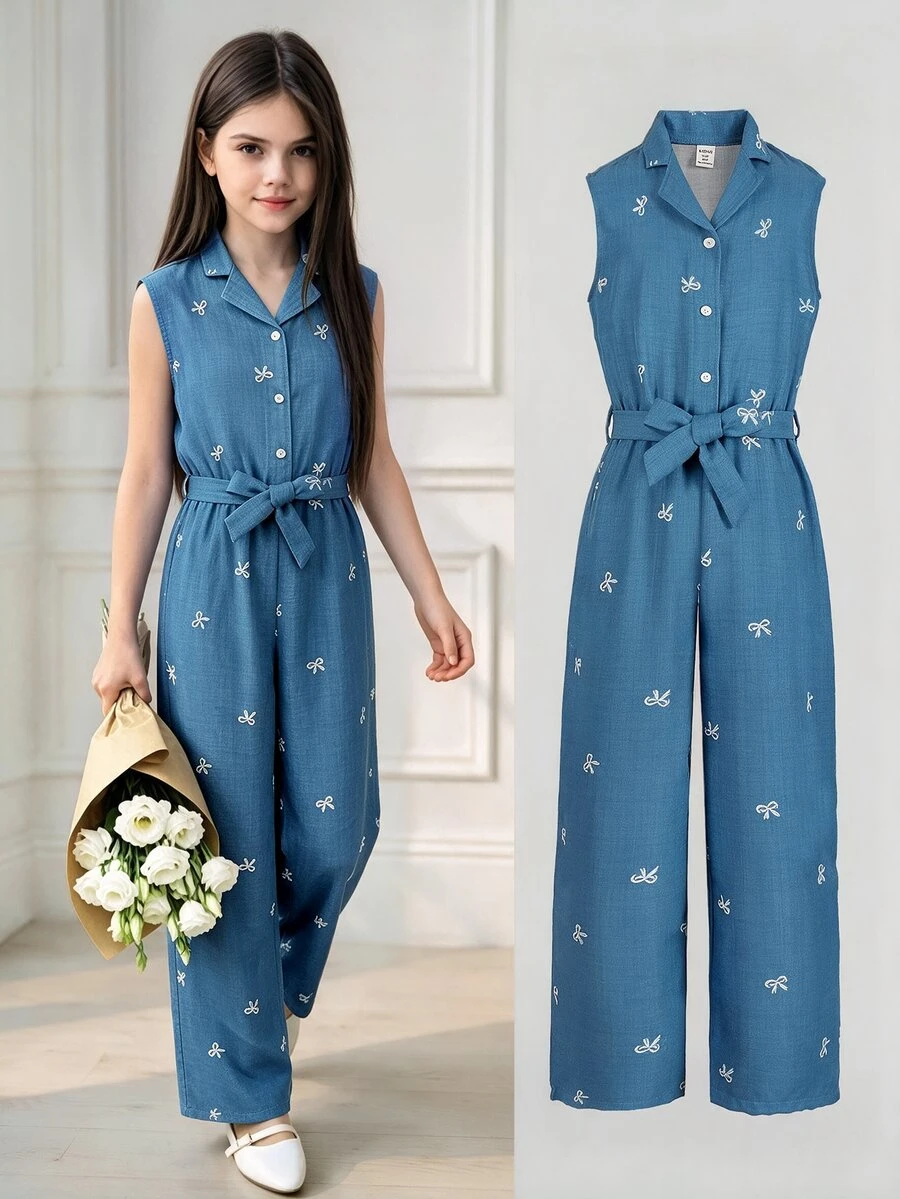SHEIN Tween Girls Blue And White Short Sleeve Shirt Collar Casual Tropical Cute Elegant Jumpsuit, Loose Leg, Spring And Summer Party Beach Vacation Birthday