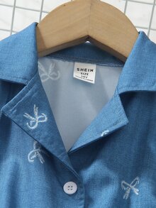 SHEIN Tween Girls Blue And White Short Sleeve Shirt Collar Casual Tropical Cute Elegant Jumpsuit, Loose Leg, Spring And Summer Party Beach Vacation Birthday - Blue - View 6