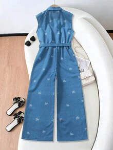 SHEIN Tween Girls Blue And White Short Sleeve Shirt Collar Casual Tropical Cute Elegant Jumpsuit, Loose Leg, Spring And Summer Party Beach Vacation Birthday - Blue - View 3