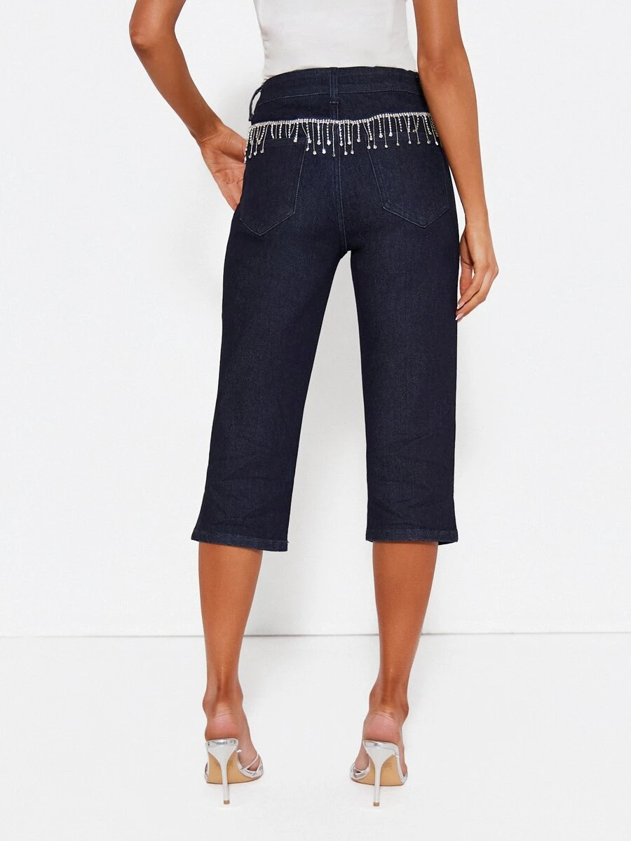 MISSGUIDED High Rise Cropped Straight Leg Jeans With Rhinestone Fringe Waist Detail Dark Wash Denim Capri Pants With Patch Pockets - Blue - View 1