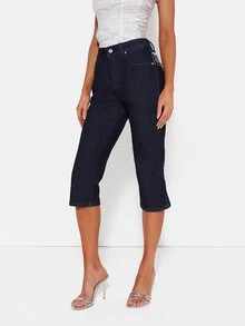 MISSGUIDED High Rise Cropped Straight Leg Jeans With Rhinestone Fringe Waist Detail Dark Wash Denim Capri Pants With Patch Pockets - Blue - View 2