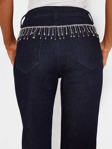 MISSGUIDED High Rise Cropped Straight Leg Jeans With Rhinestone Fringe Waist Detail Dark Wash Denim Capri Pants With Patch Pockets - Blue - View 4