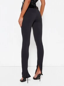 MISSGUIDED Sequin Waistband Full Length Leggings With Front Split Hem Skinny Fit Low Rise Evening Party Pants - Black - View 2