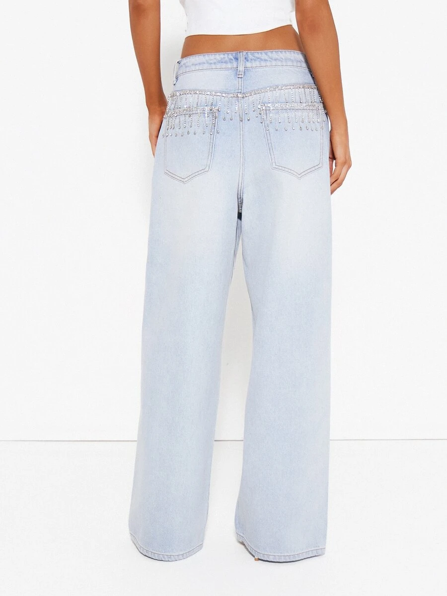 MISSGUIDED Low Rise Wide Leg Jeans With Rhinestone Crystal Fringe Waistband Detail Loose Fit Full Length Denim Pants - Light Wash - View 1