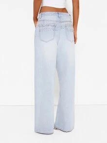 MISSGUIDED Low Rise Wide Leg Jeans With Rhinestone Crystal Fringe Waistband Detail Loose Fit Full Length Denim Pants - Light Wash - View 5