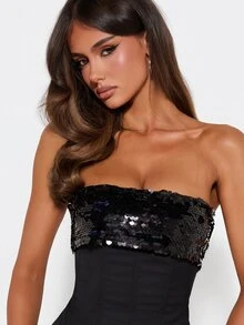 MISSGUIDED توب كورسيه بدون حمالات مزين بالترتر مع هيكل داخلي وإغلاق خلفي برباط وعروات معدنية للخروجات الليلية - الأسود - مشاهدة 4