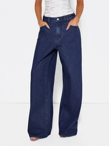 MISSGUIDED High Rise Wide Leg Dark Wash Jeans With Crystal Rhinestone Fringe Embellished Back Patch Pockets Full Length Denim Pants - Dark Wash - View 2