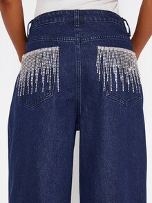 MISSGUIDED High Rise Wide Leg Dark Wash Jeans With Crystal Rhinestone Fringe Embellished Back Patch Pockets Full Length Denim Pants - Dark Wash - View 4