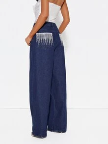 MISSGUIDED High Rise Wide Leg Dark Wash Jeans With Crystal Rhinestone Fringe Embellished Back Patch Pockets Full Length Denim Pants - Dark Wash - View 5