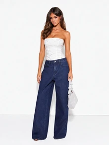 MISSGUIDED High Rise Wide Leg Dark Wash Jeans With Crystal Rhinestone Fringe Embellished Back Patch Pockets Full Length Denim Pants - Dark Wash - View 3