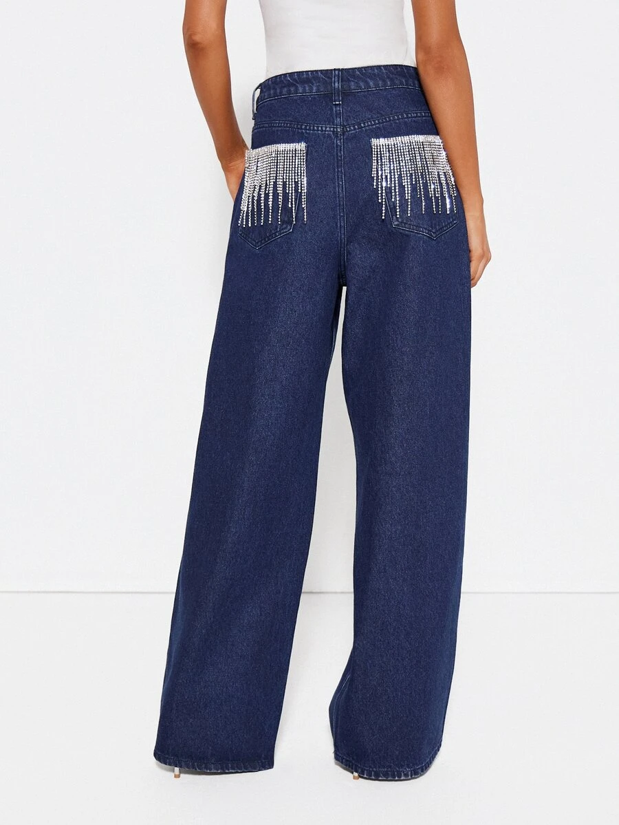 MISSGUIDED High Rise Wide Leg Dark Wash Jeans With Crystal Rhinestone Fringe Embellished Back Patch Pockets Full Length Denim Pants - Dark Wash - View 1