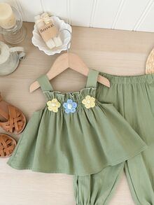 SHEIN LMoss Kids LMoss 女婴夏季可爱花卉印花吊带背心和裤子两件套 - 綠色 - 查看 3