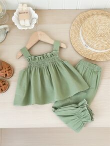 SHEIN LMoss Kids LMoss 女婴夏季可爱花卉印花吊带背心和裤子两件套 - 綠色 - 查看 2