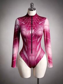 SHEIN ICON Women's Sexy Spider Pattern Print Zipper Bodysuit - Hot Pink - View 6