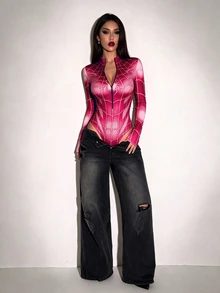 SHEIN ICON Women's Sexy Spider Pattern Print Zipper Bodysuit - Hot Pink - View 7