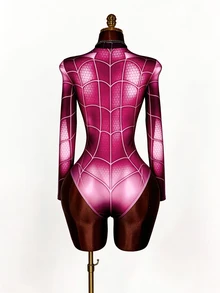 SHEIN ICON Women's Sexy Spider Pattern Print Zipper Bodysuit - Hot Pink - View 8