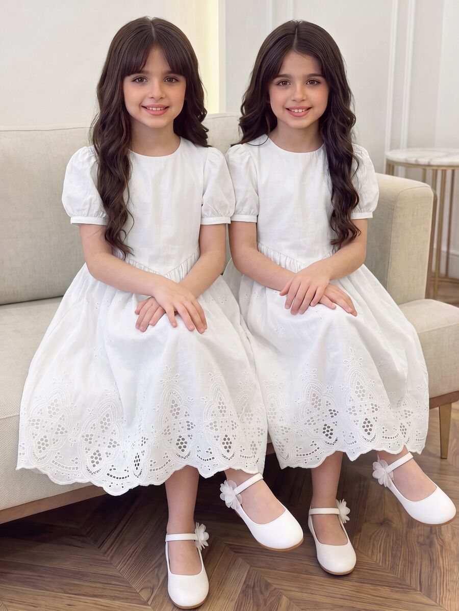 SHEIN Tween Girl Ruched Matching Elegant White Puff Sleeve A-Line Mini Dress For Older Tween Girl, Spring, Summer, Casual, Outfit - White - View 1