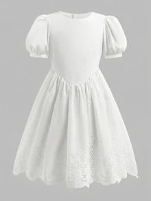 SHEIN Tween Girl Ruched Matching Elegant White Puff Sleeve A-Line Mini Dress For Older Tween Girl, Spring, Summer, Casual, Outfit - White - View 12