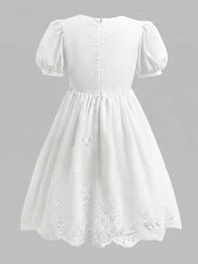 SHEIN Tween Girl Ruched Matching Elegant White Puff Sleeve A-Line Mini Dress For Older Tween Girl, Spring, Summer, Casual, Outfit - White - View 4