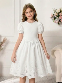 SHEIN Tween Girl Ruched Matching Elegant White Puff Sleeve A-Line Mini Dress For Older Tween Girl, Spring, Summer, Casual, Outfit - White - View 7