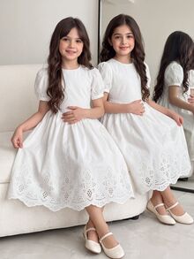 SHEIN Tween Girl Ruched Matching Elegant White Puff Sleeve A-Line Mini Dress For Older Tween Girl, Spring, Summer, Casual, Outfit - White - View 2