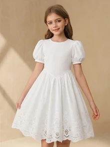 SHEIN Tween Girl Ruched Matching Elegant White Puff Sleeve A-Line Mini Dress For Older Tween Girl, Spring, Summer, Casual, Outfit - White - View 8