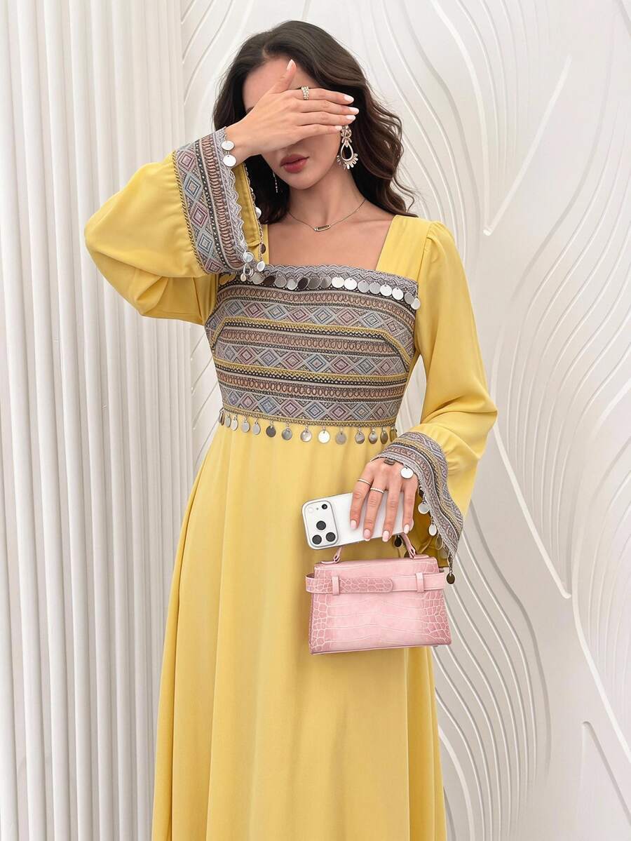 Al Najma Women's Elegant Square Neck Sequin Tassel Arabic Style Dress