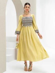 Al Najma Women's Elegant Square Neck Sequin Tassel Arabic Style Dress - Yellow - View 4