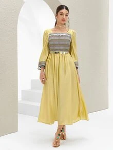 Al Najma Women's Elegant Square Neck Sequin Tassel Arabic Style Dress - Yellow - View 6