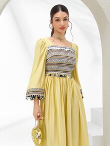 Al Najma Women's Elegant Square Neck Sequin Tassel Arabic Style Dress - Yellow - View 5