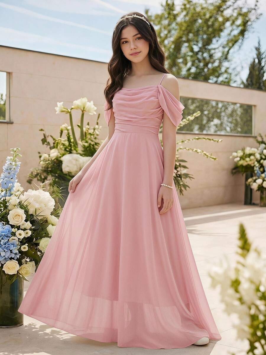 SHEIN Back To School Pink Chiffon Spaghetti Strap Backless Elegant Poster Girl Maxi Gown For Teen Girls Autumn Fall Party
