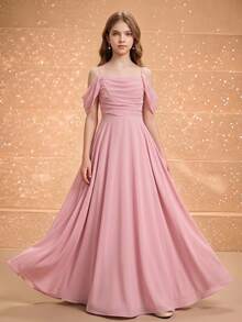 SHEIN 返校季粉色雪紡細肩帶露背優雅海報女孩風長洋裝，適合青少年女孩秋季派對 - 粉色 - 查看 2