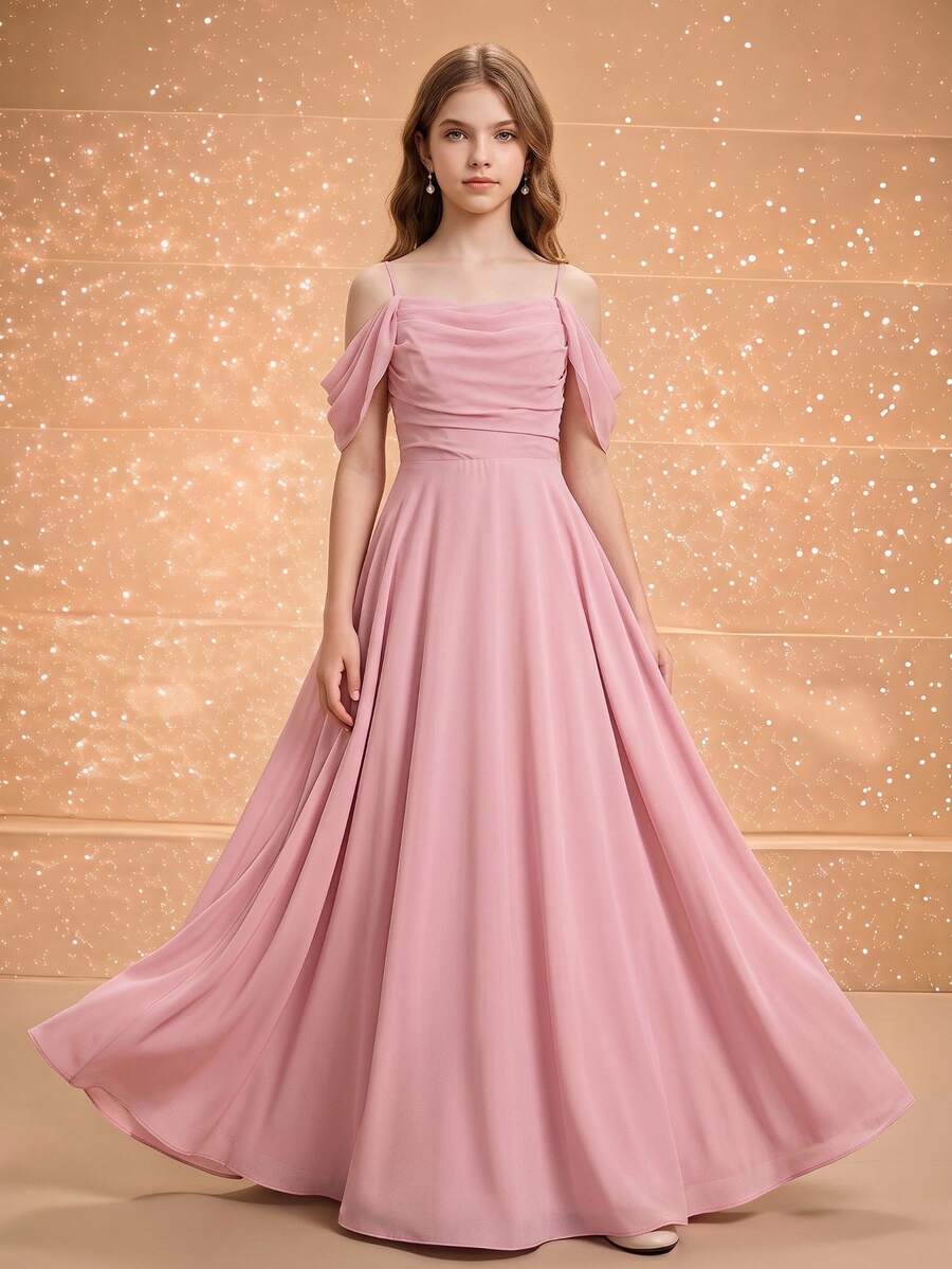 SHEIN 返校季粉色雪紡細肩帶露背優雅海報女孩風長洋裝，適合青少年女孩秋季派對