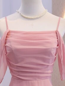 SHEIN 返校季粉色雪紡細肩帶露背優雅海報女孩風長洋裝，適合青少年女孩秋季派對 - 粉色 - 查看 9
