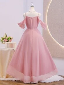 SHEIN 返校季粉色雪紡細肩帶露背優雅海報女孩風長洋裝，適合青少年女孩秋季派對 - 粉色 - 查看 3