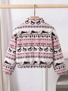 SHEIN Young Girl Young Girl Knitted Cute Cartoon Pattern Faux Fur Stand Collar Casual Jacket - Pink - View 5