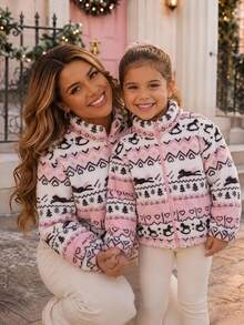SHEIN Young Girl Young Girl Knitted Cute Cartoon Pattern Faux Fur Stand Collar Casual Jacket - Pink - View 4
