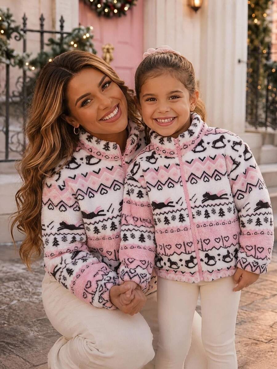 SHEIN Young Girl Young Girl Knitted Cute Cartoon Pattern Faux Fur Stand Collar Casual Jacket - Pink - View 1