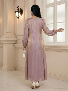 Al Najma Al-Adha 女款串珠優雅現代菲律賓風 Kaftan 長袍，保守款 Abaya Jalabiya 洋裝，桃紅色，適合婚禮、洗禮賓客、夜晚、冬季穿著 - 粉色 - 查看 3