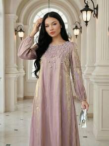 Al Najma Al-Adha 女款串珠優雅現代菲律賓風 Kaftan 長袍，保守款 Abaya Jalabiya 洋裝，桃紅色，適合婚禮、洗禮賓客、夜晚、冬季穿著 - 粉色 - 查看 6