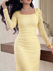 Modelyn Urban Elegant Romantic Cream Lace Fitted Dress For Women Long Evening Wedding Dinner Fall - Pale Yellow - View 4