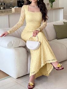Modelyn Urban Elegant Romantic Cream Lace Fitted Dress For Women Long Evening Wedding Dinner Fall - Pale Yellow - View 5
