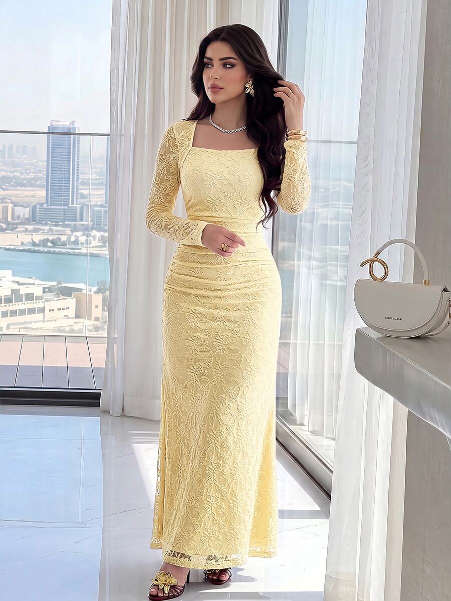 Modelyn Urban Elegant Romantic Cream Lace Fitted Dress For Women Long Evening Wedding Dinner Fall