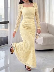 Modelyn Urban Elegant Romantic Cream Lace Fitted Dress For Women Long Evening Wedding Dinner Fall - Pale Yellow - View 6