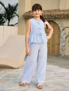 SHEIN Tween Girl Striped Seersucker Tank Top & Pants 2pcs Set Sweet Bow Front Ruffle Peplum Hem Sleeveless Vest Wide Leg Trousers Outfits - Multicolor - View 6