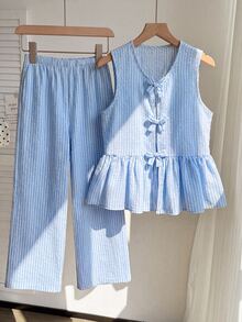 SHEIN Tween Girl Striped Seersucker Tank Top & Pants 2pcs Set Sweet Bow Front Ruffle Peplum Hem Sleeveless Vest Wide Leg Trousers Outfits - Multicolor - View 1