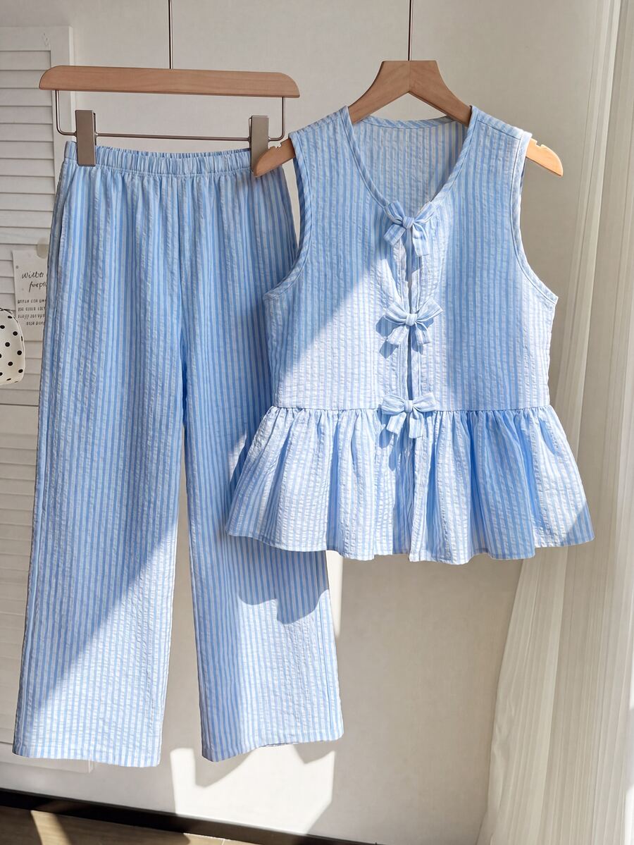 SHEIN Tween Girl Striped Seersucker Tank Top & Pants 2pcs Set Sweet Bow Front Ruffle Peplum Hem Sleeveless Vest Wide Leg Trousers Outfits - Multicolor - View 1