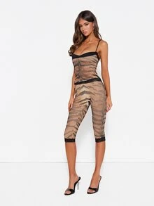 MISSGUIDED Tiger Print Mesh Cami Top With Sweetheart Neckline Lace Trim Spaghetti Straps Ruched Body Fitted Crop Length Night Out - Multicolor - View 3
