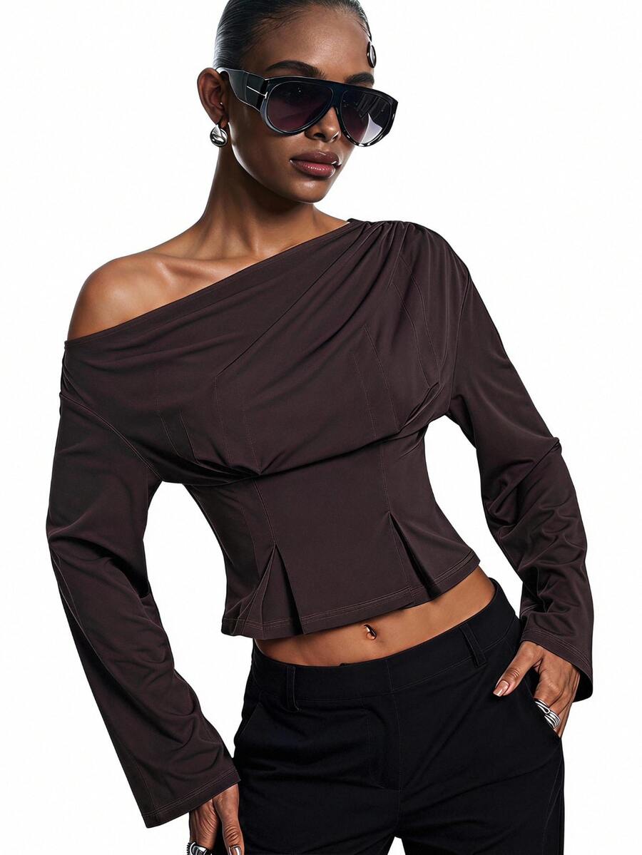 LYSMO Women's Solid Color Asymmetrical Shoulder Casual Sexy Daily Long Sleeve T-Shirt Night Out Date Night Dark Brown Fall, Autumn/Winter - Red Violet - View 1