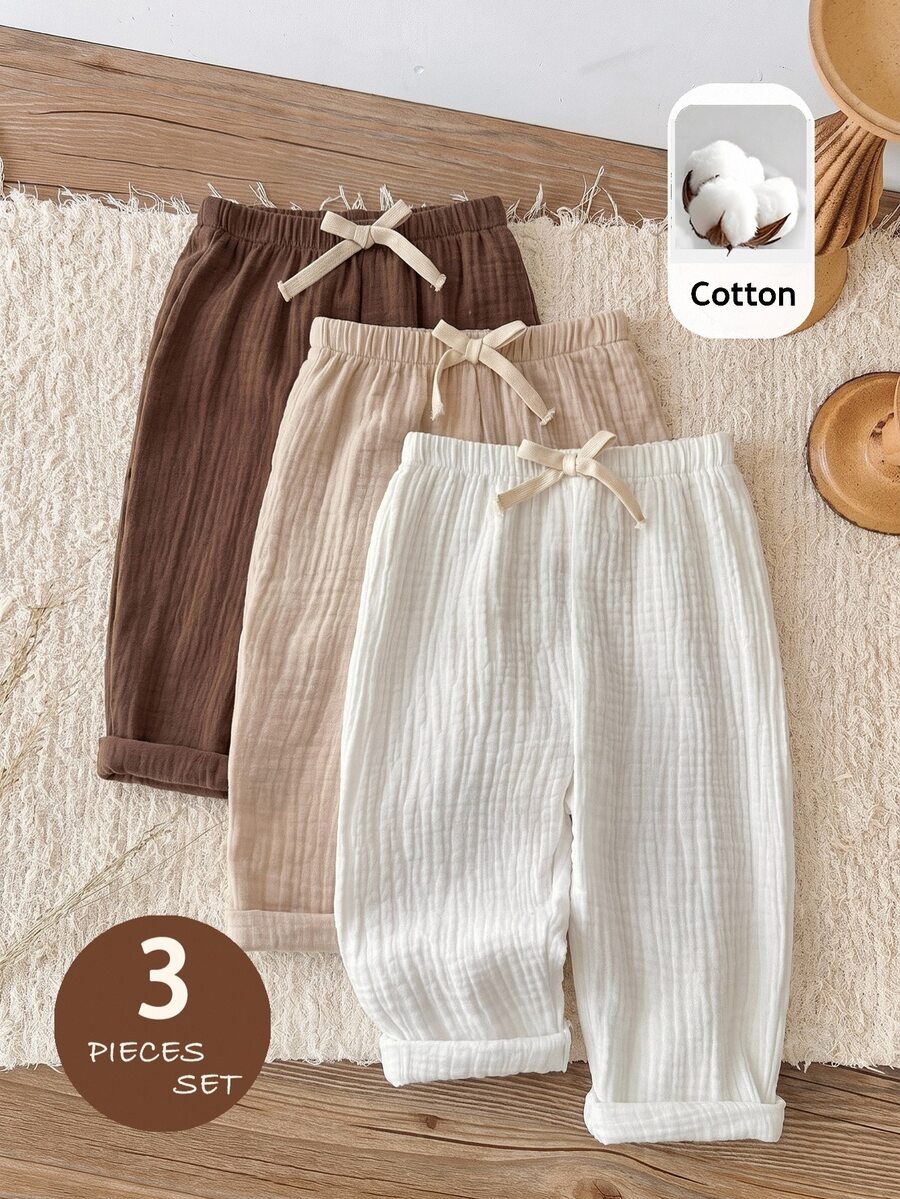 SHEIN LMoss Kids LMoss 3pcs Baby Boy Casual Pants,Elastic Waistband Adjustable,Bow Decor,Casual And Stylish,Suitable For Wearing In Spring,Summer,Autumn Winter. - Multicolor - View 1